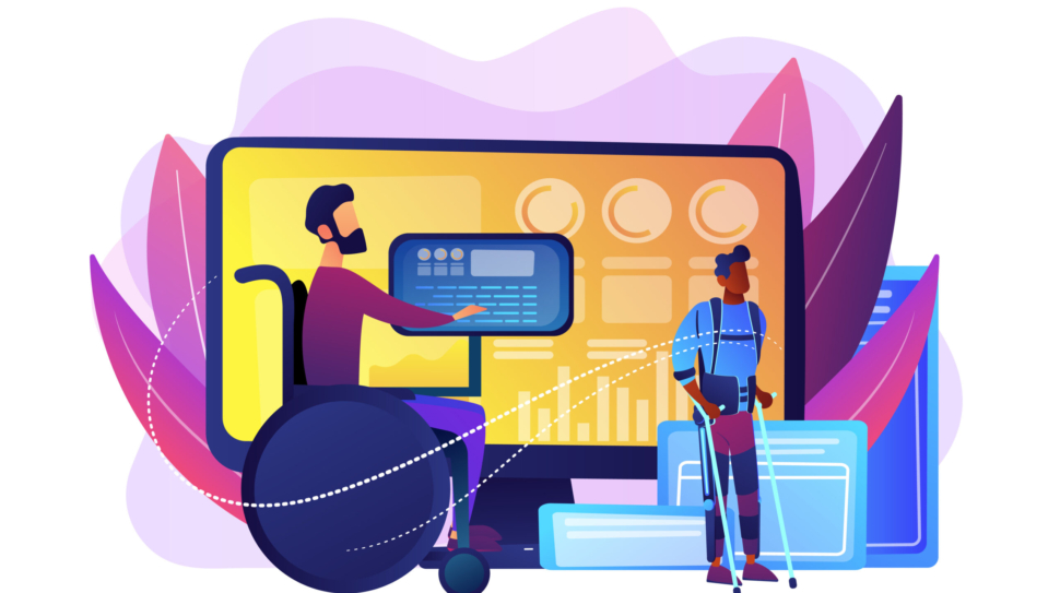 Handicapped man in wheelchair. Injured character rehabilitation. Assistive technology, devices for disabled people, adopted technologies concept. Bright vibrant violet vector isolated illustration