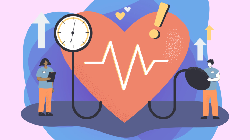 Control of tiny doctors high blood pressure on medical checkup. People with tonometer checking patients risk of hypertension flat vector illustration. Cardiology, cardiovascular disease concept