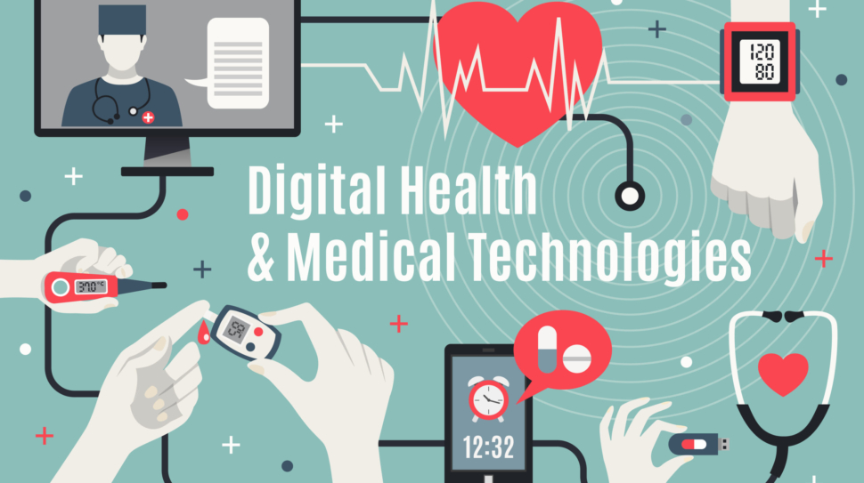 Digital medical technologies flat poster with professional doctor assistance and self-care mobile devices vector illustration