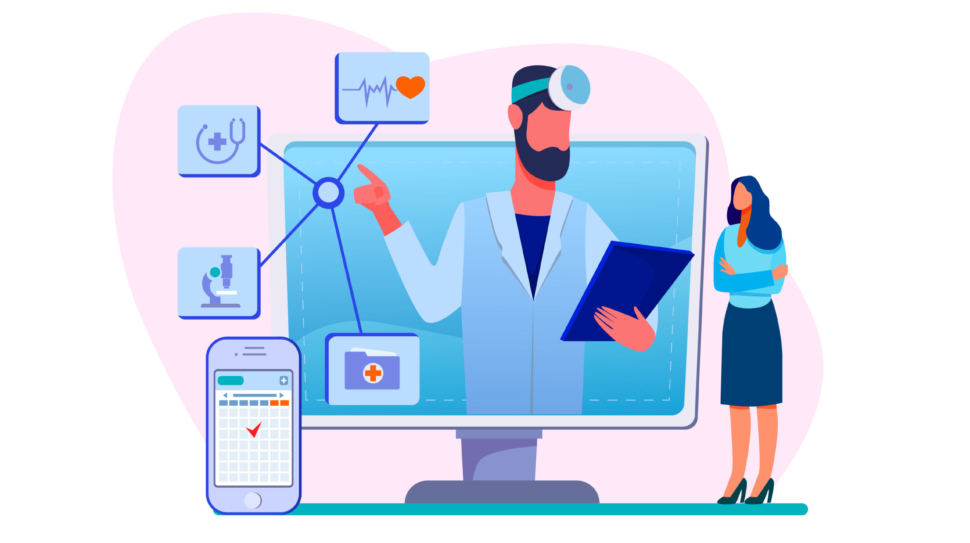 Doctor consultation online. Physician, analysis, prescription flat vector illustration. Medicine and healthcare concept for banner, website design or landing web page