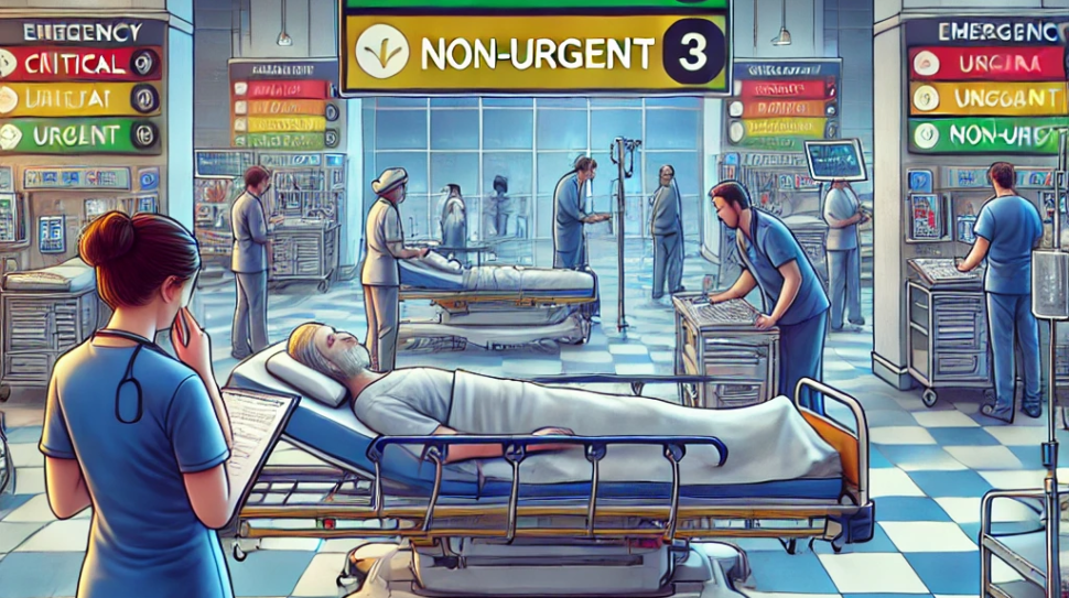 DALL·E 2024-10-17 15.48.17 - An illustration of emergency room triage protocols. The scene shows a busy emergency room with a nurse assessing a patient using a triage chart. In th