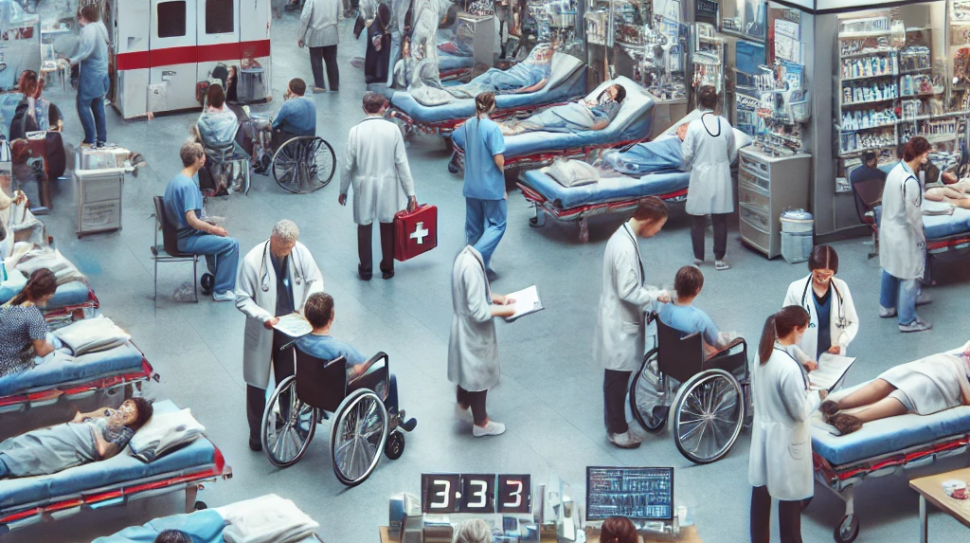 DALL·E 2024-10-21 11.11.42 - A busy hospital emergency room triage scene. The image should depict medical staff efficiently assessing patients in a chaotic but organized environme