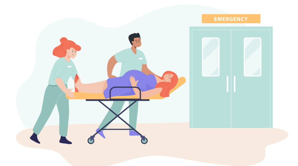 Doctors carrying pregnant woman to emergency room. Expecting mother or patient lying on gurney and preparing to give birth flat vector illustration. Childbirth, urgency, hospital concept